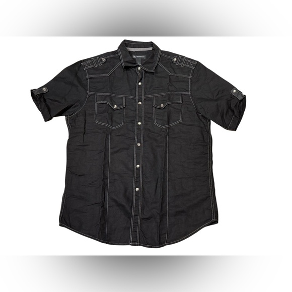 NWT - INC International Concepts Linen Blend Pearl Snap Shirt in Black Sz Medium - Picture 2 of 6